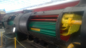 Cut steam engine boiler showing the inner parts, displayed at The Workshops Rail Museum in Ipswich