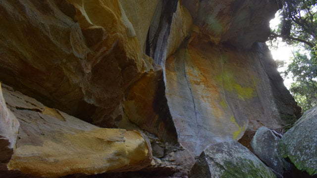 Rock overhang with vibrant yellow and orange colours coming out of the rock surface, at the far end of the creek at The Overhang at Cania Gorge