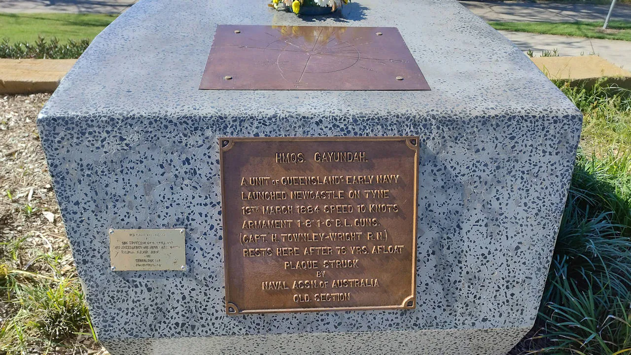 Monument stone with a plaque dedicated to the HMQS Gayundah