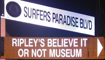 Brown sign for Ripley's Believe It Or Not Museum, white sign for Surfers Paradise Blvd