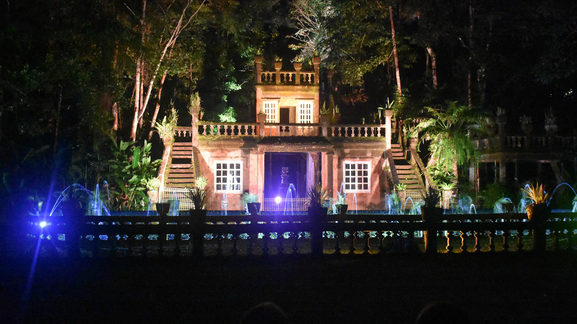 Paronella Park lower refreshments room, lit up for the night tour