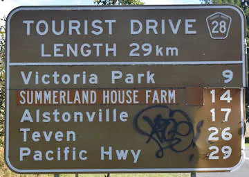 Brown sign for Tourist Drive 28, length 29km, Victoria Park, Summerland House Farm, Alstonville, Teven, Pacific Hwy